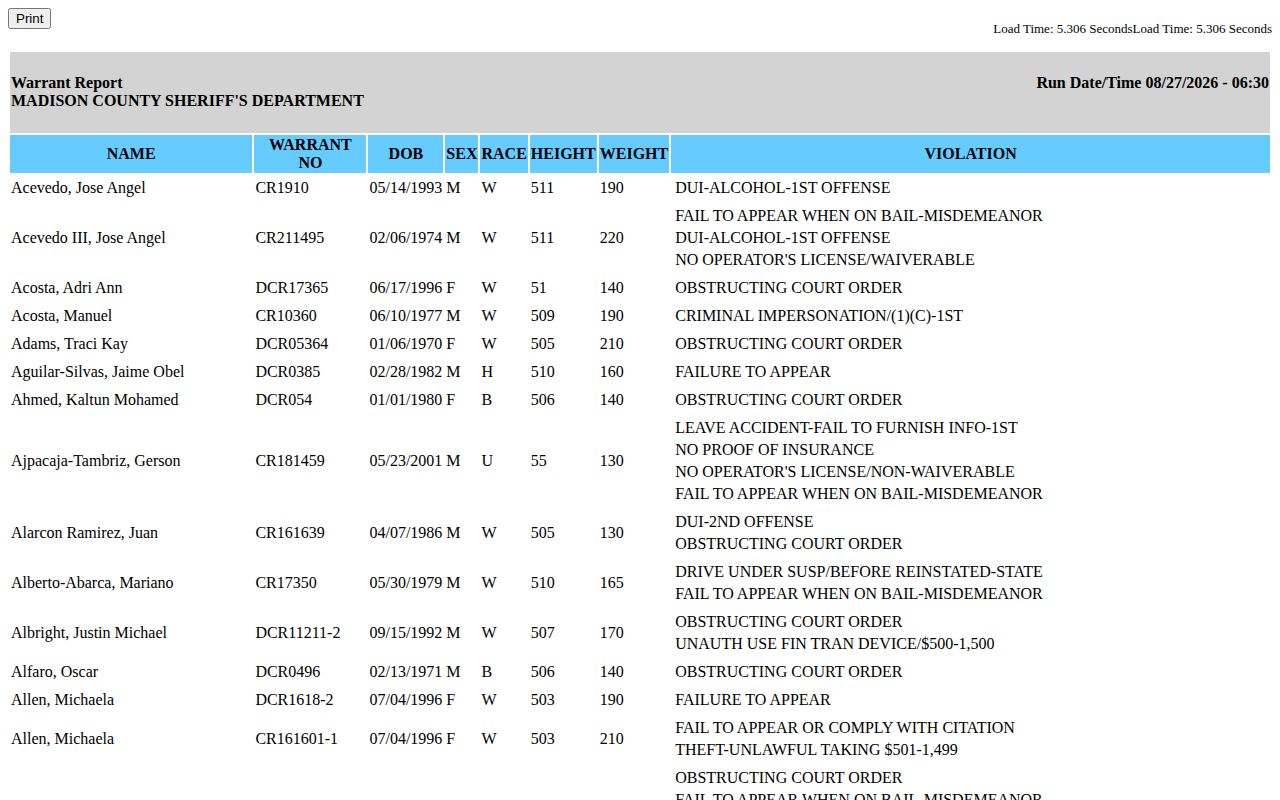 Madison County warrant report with text-based warrant record fields